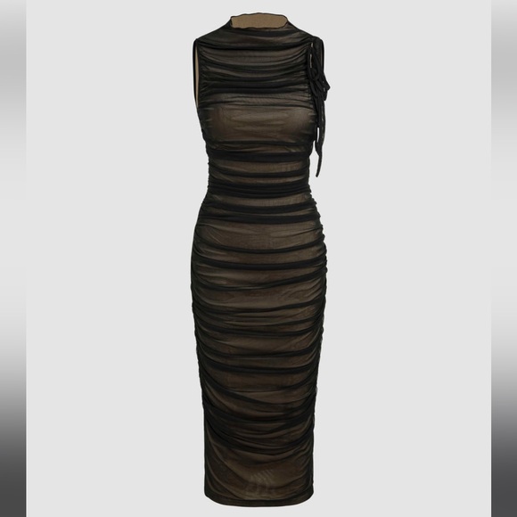 Cider Dresses & Skirts - Cider Sheer Ruched Black Midi Dress